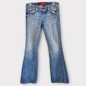Vintage Guess Jeans Daredevil Flare Faded Light Blue Hip Hugger 28 EUC